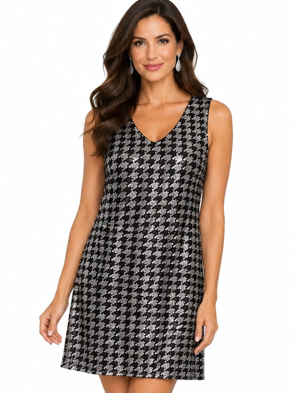 cleo Black & Silver Sequin Houndstooth V‑Neck Midi Dress